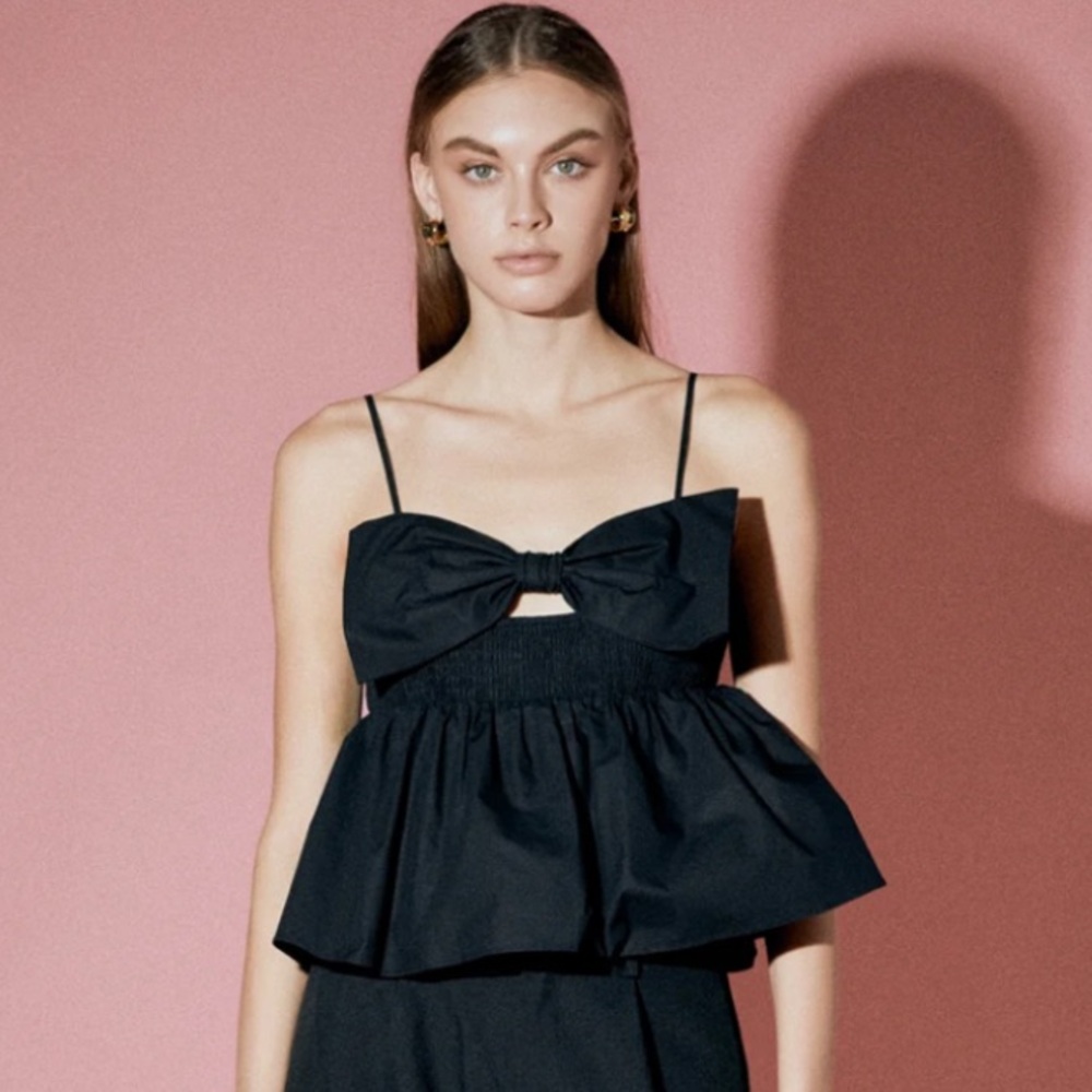 English Factory Black Bow Peplum Top Sleeveless Smocked Cotton Size Medium NWT